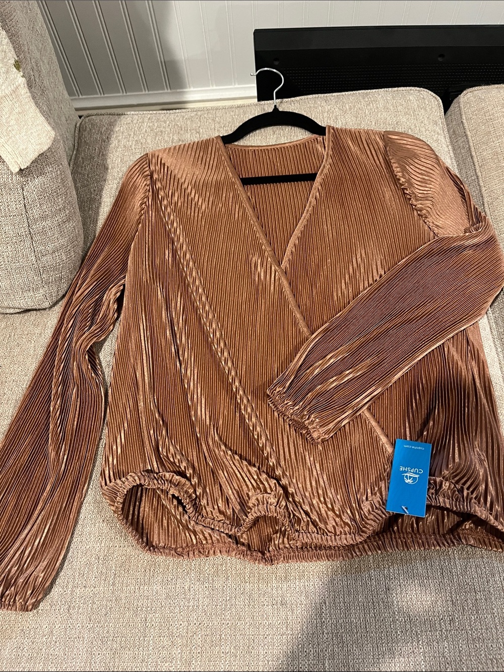 Cupshe Copper Brown Pleated Wrap-Front Long Sleeve Top
